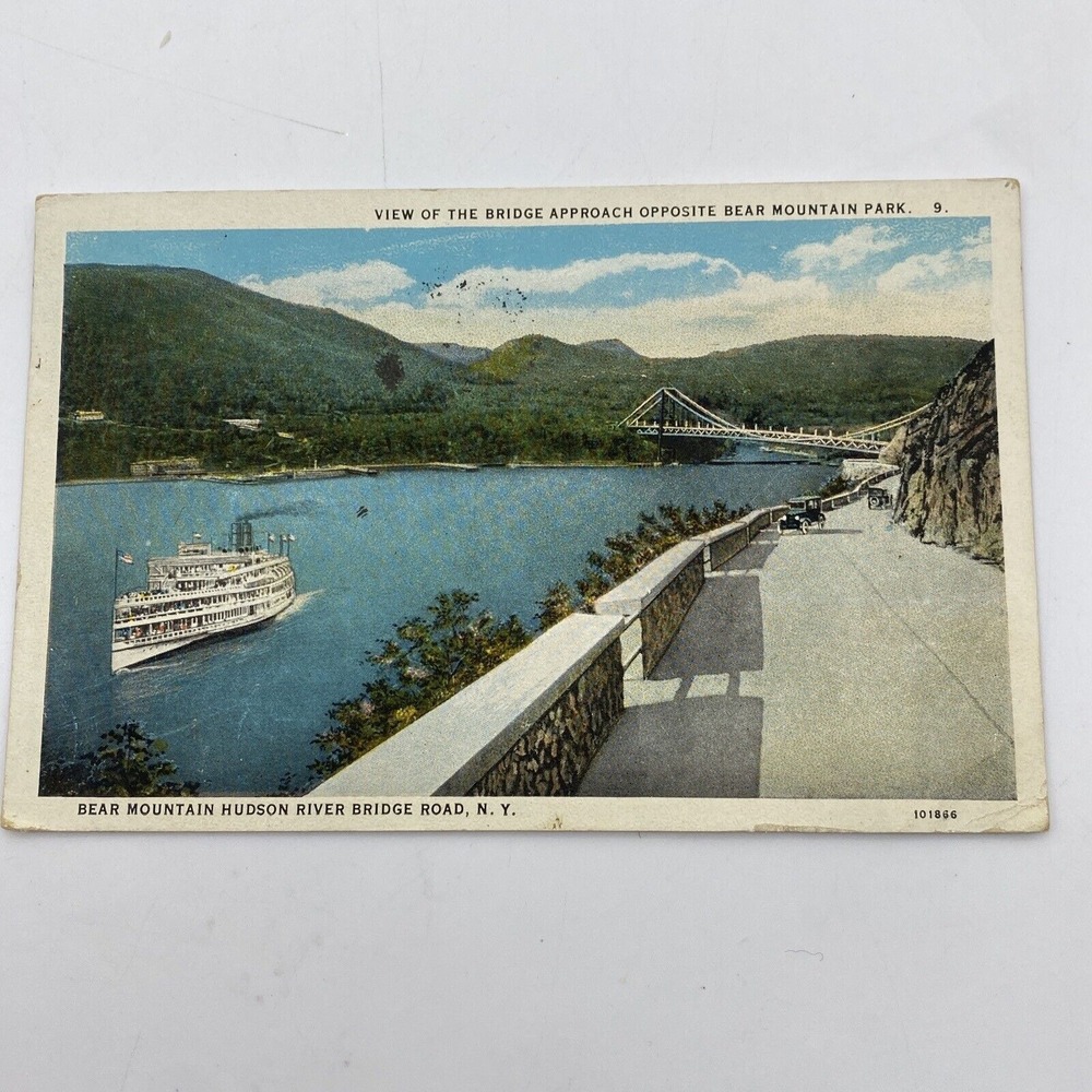 Vtg Bear Mountain Hudson River Bridge Postcard NY Posted 1929 White Border